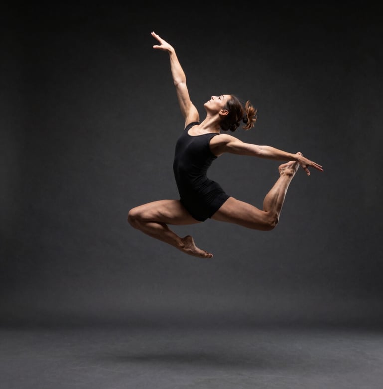 Action sequence video frame, a professional dancer in mid-air movement, spotlight against a dark charcoal background, high contrast, creative and refined.