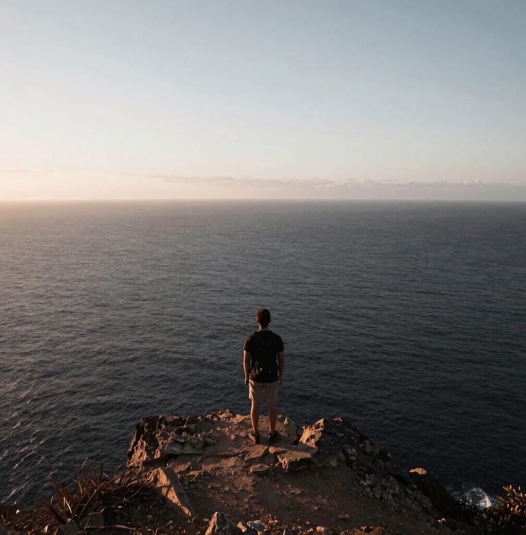 A wide-angle shot of a lone traveler standing on a cliff overlooking a deep charcoal ocean. The sky is a soft silver dawn color. Minimalist and inspiring travel photography.