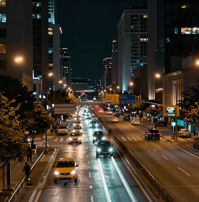 A long-exposure photograph of a cityscape at night, where the moving lights of traffic are blurred into smooth, flowing rivers of slate teal and burnished gold against a dark background. Very sharp detail in the static structures.