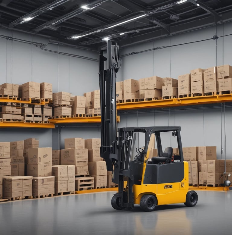 An industrial warehouse filled with various stacks and arrangements of metal beams, shelving units, and construction materials. A white truck is parked among the clutter. The scene includes colorful pallets and containers lining the walls, and the floor is mostly concrete.