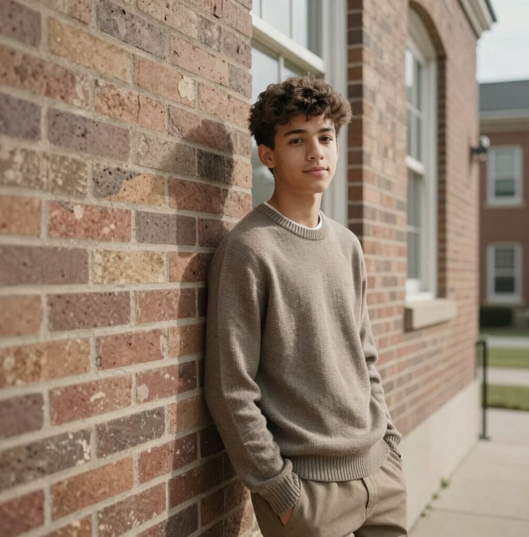 Photography of a senior high school boy leaning confidently against a weathered brick wall of a classic North American school building. He wears a stylish casual sweater. Soft, natural daylight creates gentle shadows. Timeless style with taupe and sand colors.
