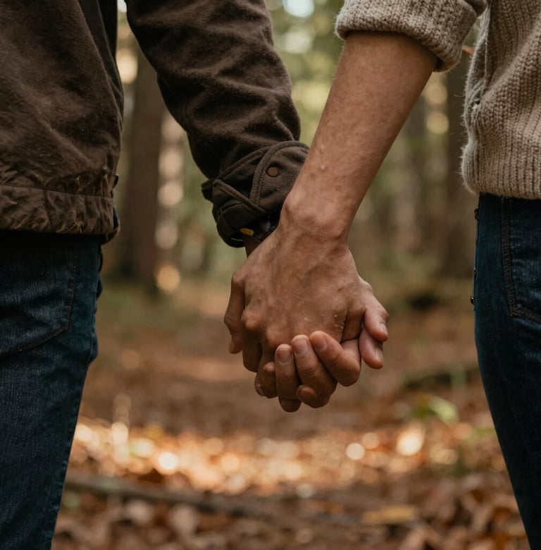 A close-up, cinematic detail shot of two people holding hands during a walk in a North American / US forest. Warm sunbeams filter through the trees. The light highlights textures of soft wool and skin. Earthy Muted Brown and Terracotta accents in the background foliage.