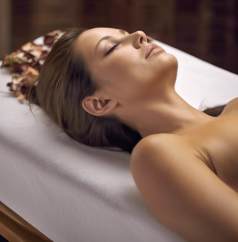 a woman is laying on a massage table at a spa