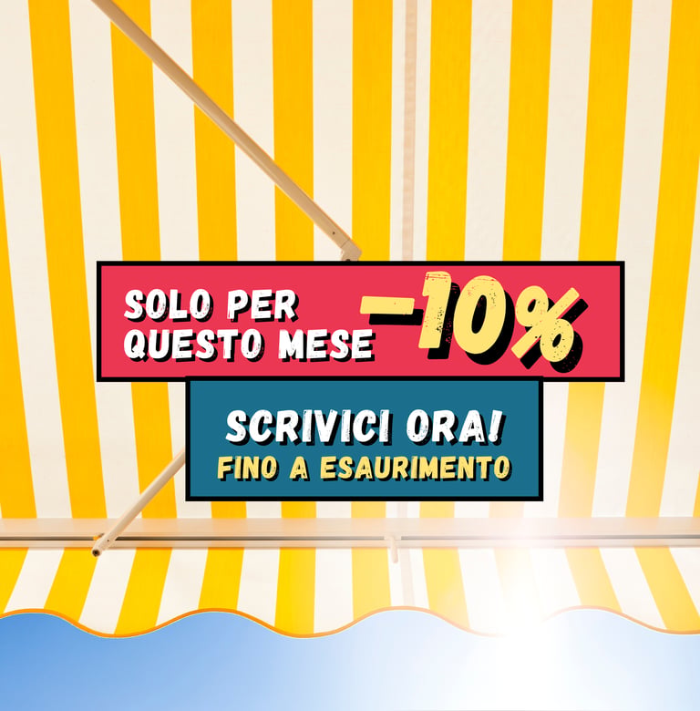 Grafica promozionale con scritta “Solo per questo mese -10%” su sfondo a righe gialle e bianche.