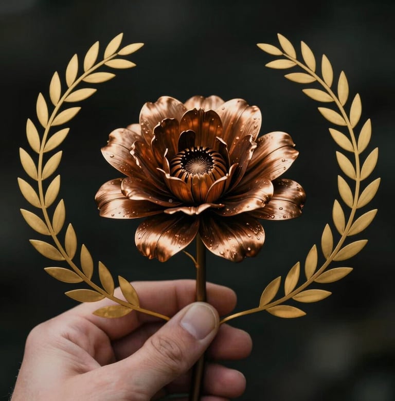 A detail shot of a hand holding a Warm Bronze flower, high contrast photography with a dark, moody atmosphere.