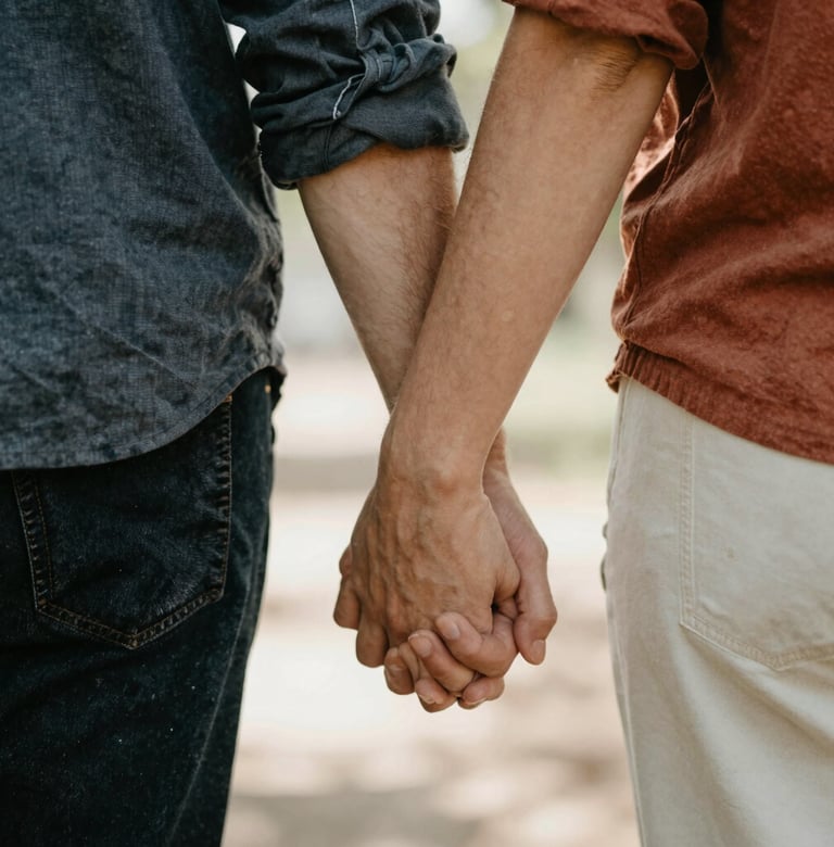 A candid, close-up photograph of a couple's hands intertwined, wearing casual North American attire. Sunlight filters through the scene, creating a warm, hazy atmosphere. Lifestyle photography style, focusing on real-world textures and charcoal and terracotta accents.