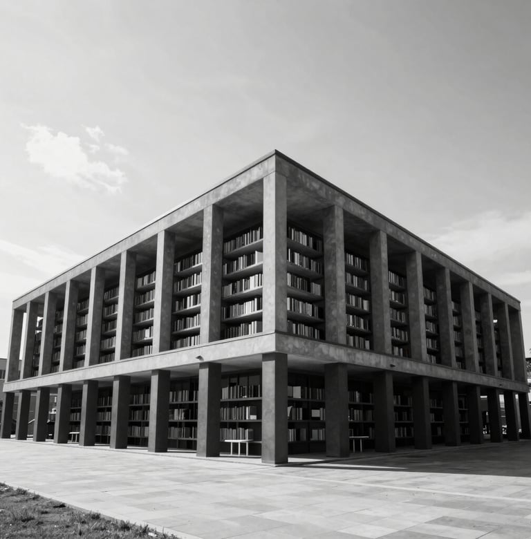 A wide-angle, high-contrast black and white style photograph of a modern library exterior. Clean architectural lines dominate, using charcoal black and mist white to emphasize form.