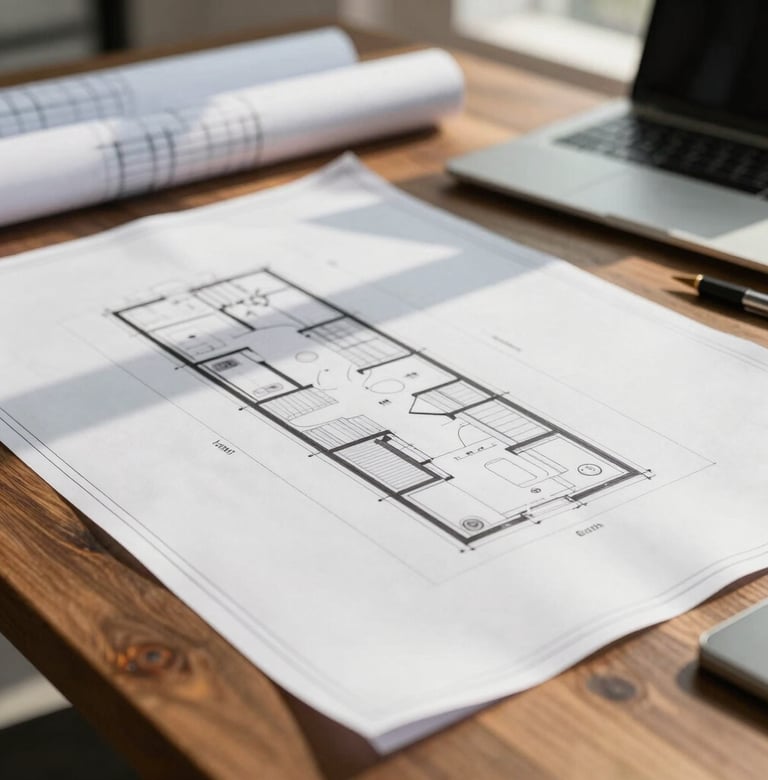 Close-up of clean architectural blueprints laid out on a dark wooden table in a bright Mediterranean office, warm sunlight casting soft shadows, professional engineering tools nearby