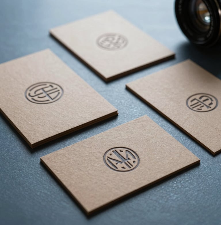 A collection of luxury business cards with embossed logos on thick, textured paper, laid out on a Steel Blue surface in a professional International / Western setting.
