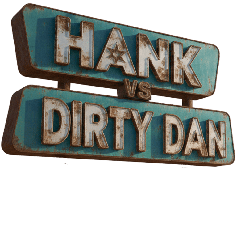 Vintage rusty metal sign featuring the text Hank vs Dirty Dan in a retro western aesthetic.