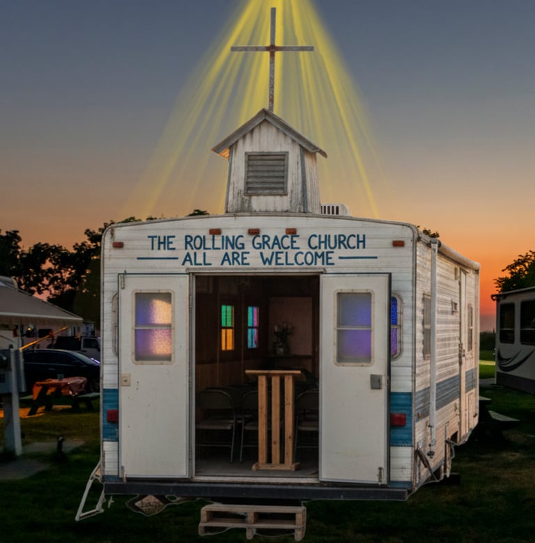 The Rolling Grace Church mobile chapel trailer at sunset with a glowing cross and open doors.