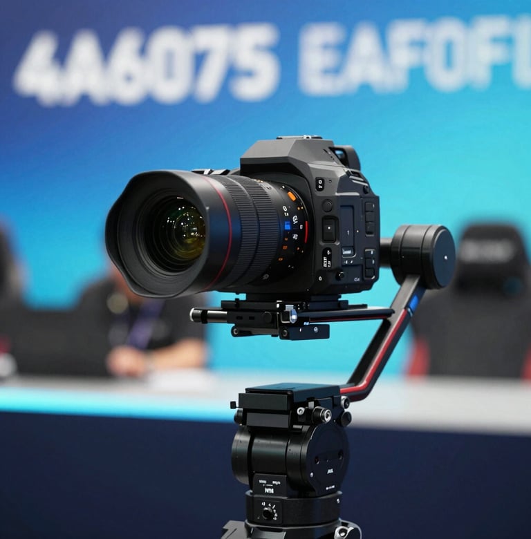 Behind-the-scenes shot of a professional 4K camera on a stabilizer rig, focusing on the lens, with a blurred background of an esports stage featuring #4A6075 and #EAF0F5 colors.