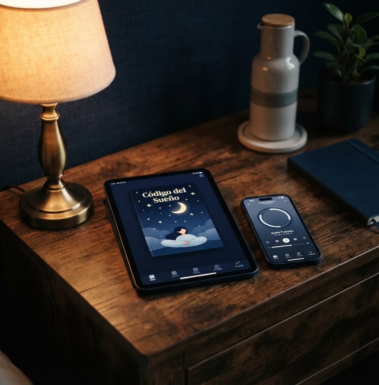 Premium digital mockup of 'Código del Sueño' kit (ebook, audio player, journal, planner, checklist) on a tablet and phone, resting on a dark wooden nightstand, illuminated by warm bedside lamp light, with deep navy and gold tones, shallow depth of field, 35mm.