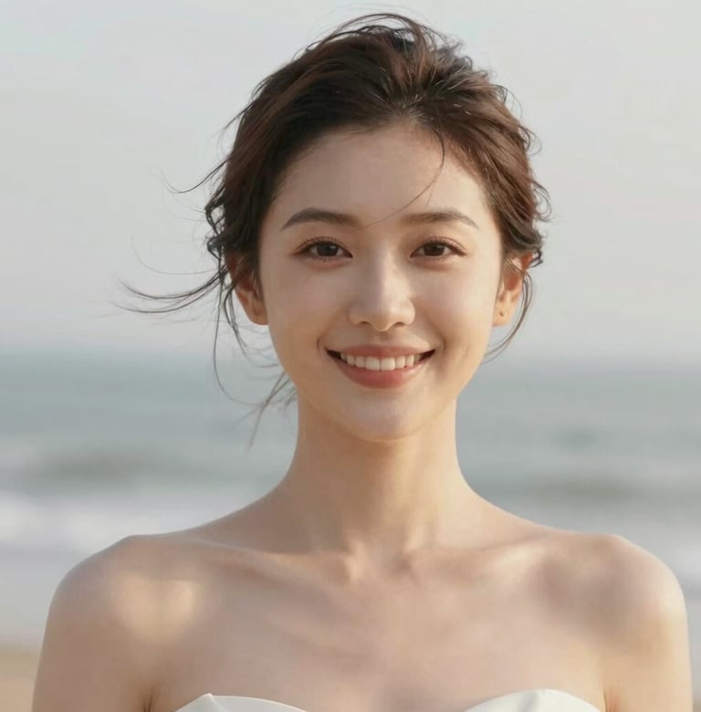 Candid portrait of a bride smiling softly, her hair caught in a sea breeze, warm skin tones, minimalist composition with a blurred #F8F5EF coastal background, timeless and elegant.