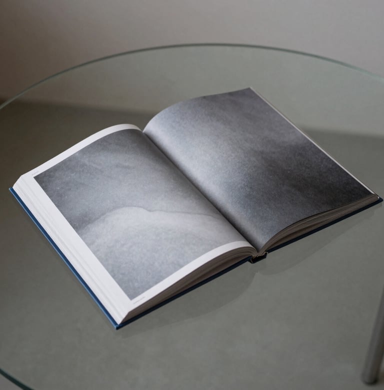 An independent photography book lying open on a minimalist glass table. The pages show abstract soft gray patterns. Muted steel blue accents. Global / Contemporary Art aesthetic.
