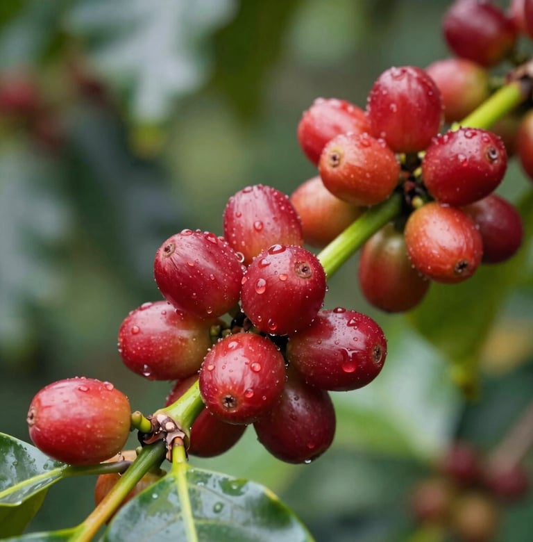 Macro photography of ripe red coffee cherries on a vibrant green branch, dew drops visible on the fruit, natural sunlight, soft focus background of a South American / Latin plantation.
