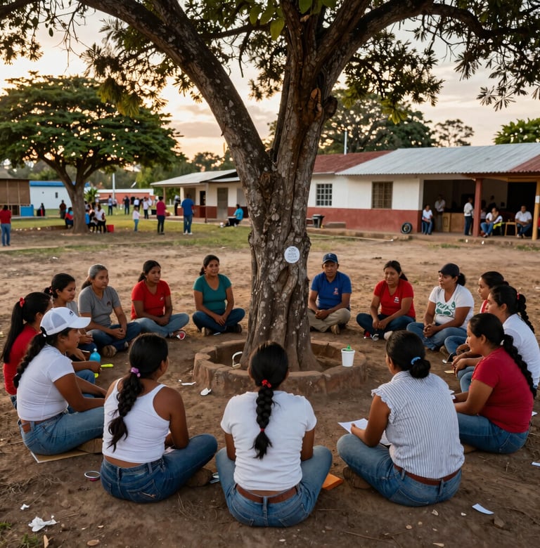 Asamblea comunitaria en Intibucá, Honduras, al atardecer. Familias locales sentadas en círculo bajo un árbol, discutiendo proyectos de agua limpia. Luz dorada, ambiente de colaboración y dignidad.