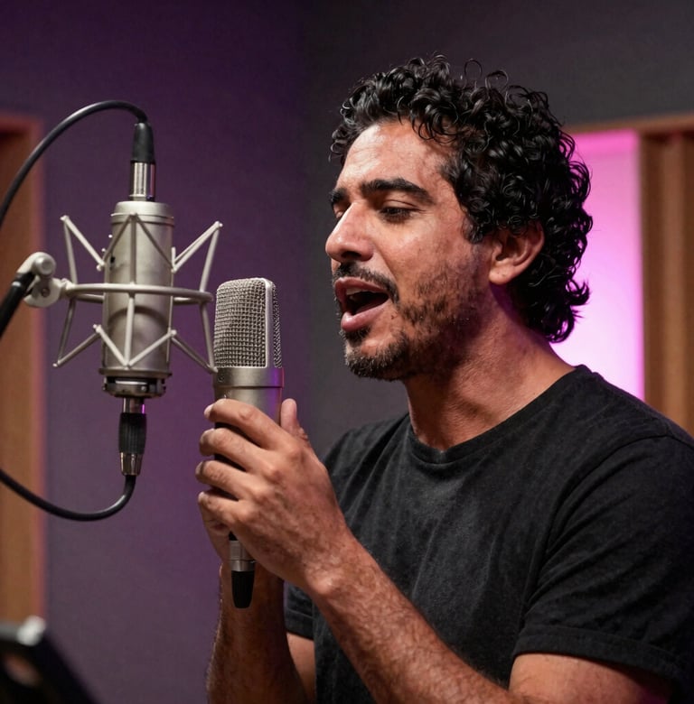Candid photography of Eduardo Grillo singing into a professional microphone in a dark recording studio, focused expression, with muted purple and salmon pink light leaks.