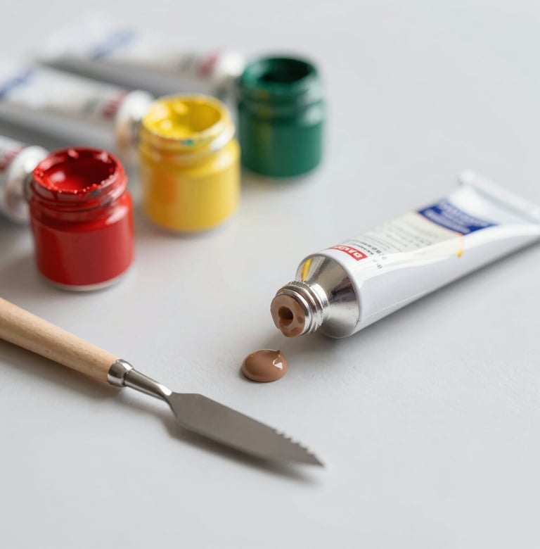 A vertical composition showing several paint tubes and a palette knife resting on a clean #F9F8F7 surface. A small dab of #6B705C paint is visible. The lighting is bright and modern, creating an organized and peaceful atmosphere.