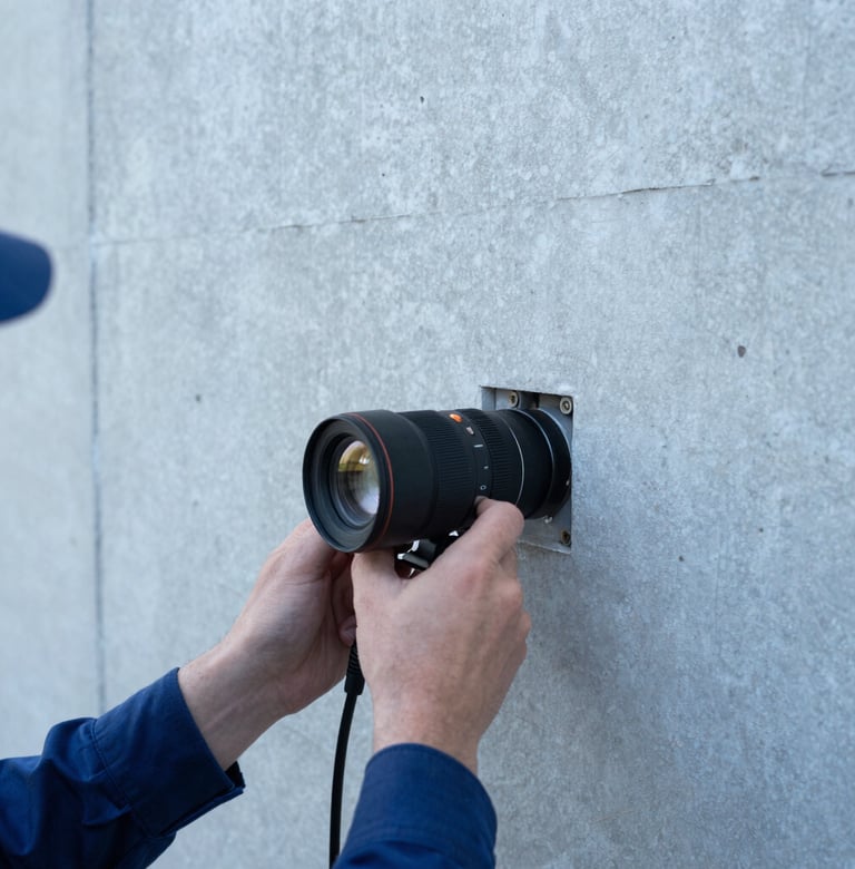 Close-up of a technician using diagnostic equipment on a concrete wall, precise and technical, clean natural daylight, cool blue and concrete gray tones, sharp focus, 35mm lens