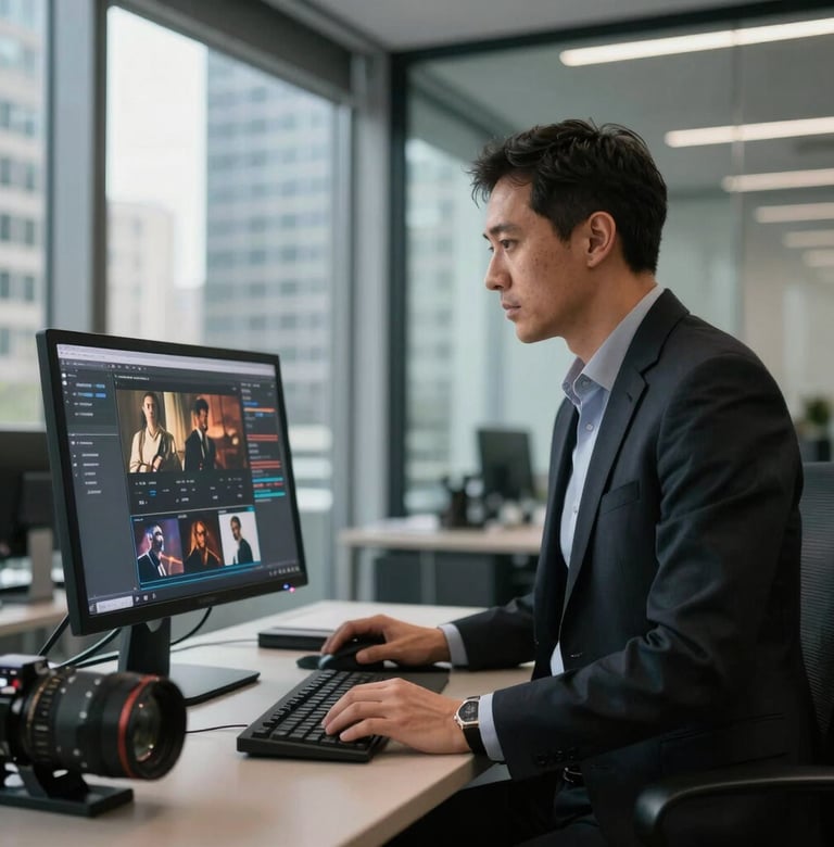 A professional film distribution strategist working in a modern glass-walled office in a North American city, black and grey tones, professional attire, looking at a digital display showing cinematic content.