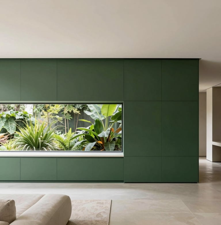 Architectural photography of a modern Brazilian interior featuring clean lines and a palette of forest green and off-white. Minimalist furniture and a large window overlooking lush greenery. Sophisticated, calm, and professional atmosphere.
