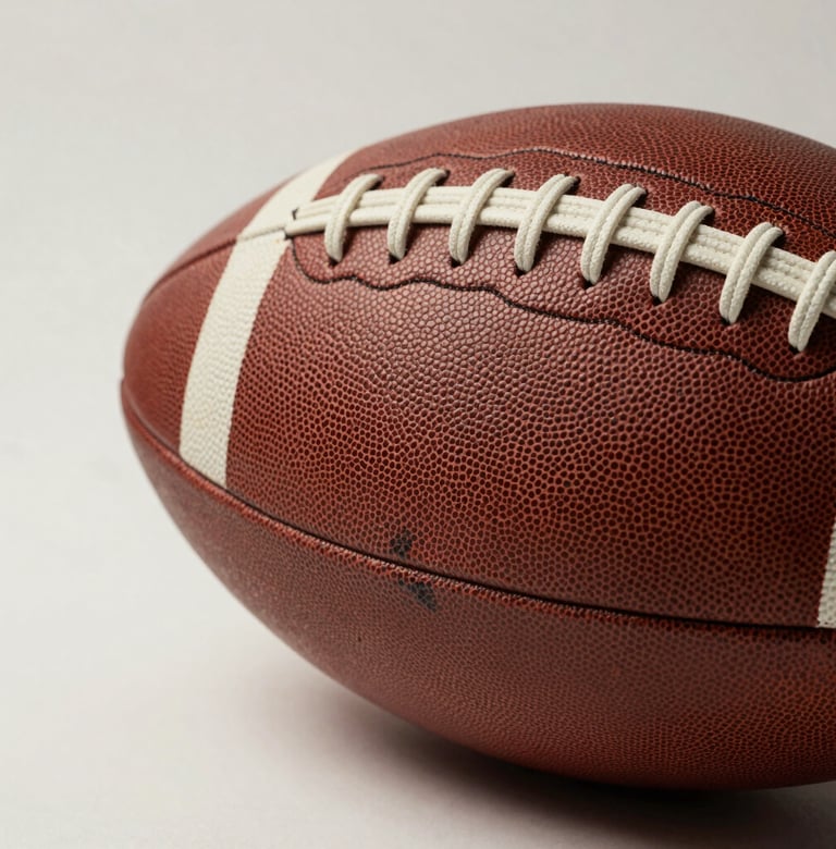 Extreme close-up photography of a worn leather football on a minimalist off-white background. The lighting is soft and directional, emphasizing every stitch and scuff, reflecting ten years of elite sport history.