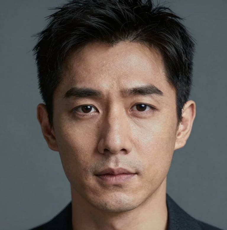 Close-up cinematic headshot of an actor with a thoughtful expression. Contemporary lighting with subtle shadows, emphasizing texture and character. North American / US context, very clean and sophisticated aesthetic using grey and slate blue tones.