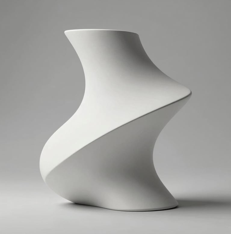 Abstract sculptural form in matte white, elegant curves, sharp shadows. Minimalist art style. Lighting that highlights form and texture against #D8D8D8.