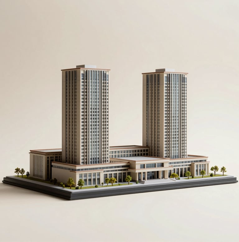 Elegant product shot of a architectural scale model on a soft off-white background, clean composition with soft light, capturing professional creative vibes.