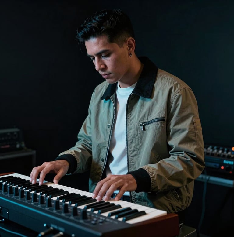 A South American / Colombian male producer wearing a stylish urban jacket, working on a synthesizer. Moody lighting with deep black shadows and neon cyan highlights.