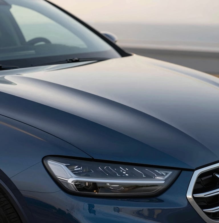 A close-up 'After' shot of the same navy metallic car hood, now perfectly smooth with no sign of the dent, reflecting a clean horizon, professional and polished.