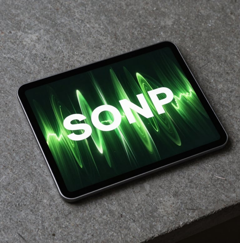 Sharp photography of a digital tablet on a dark concrete surface in a South American office. The screen shows a high-conversion motion design project with vibrant green energy waves and white bold typography. Professional, clean, and futuristic.