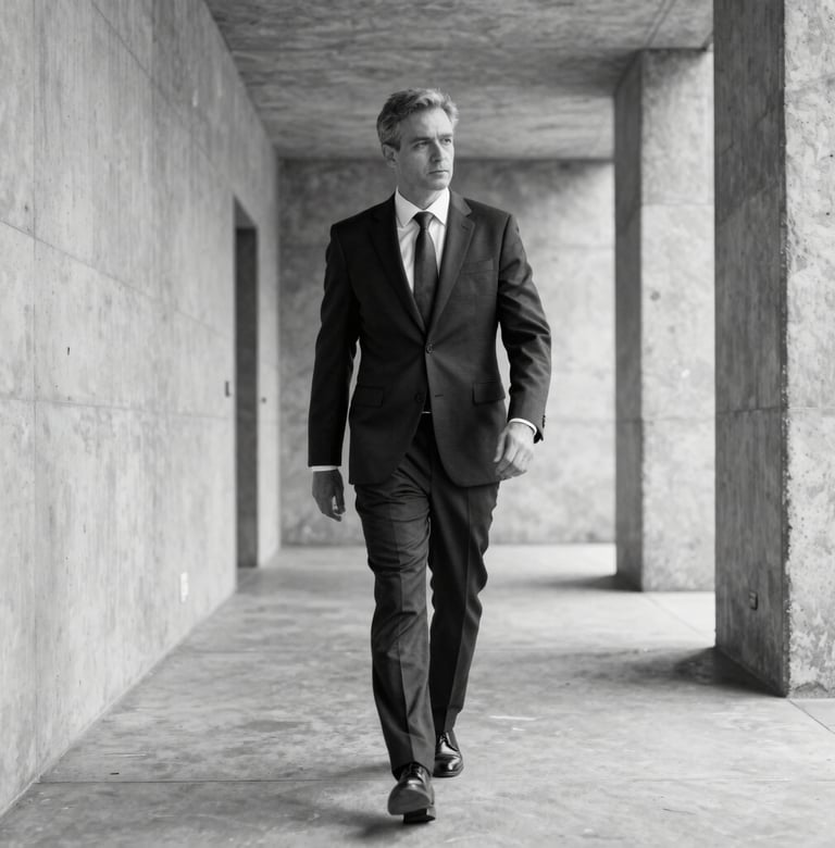 A desaturated, black and white editorial photograph of a professional in a sharp, dark suit walking through a minimalist concrete hallway in Brasilia.