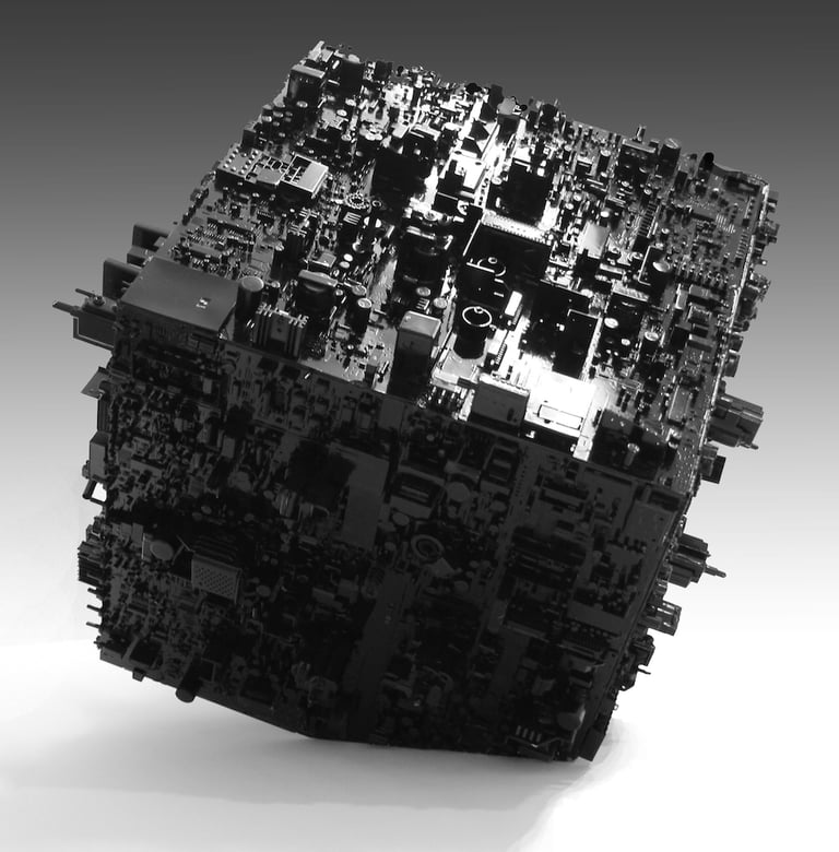 Sculpture Devil's Dice noire monochrome en circuits électroniques, socle blanc