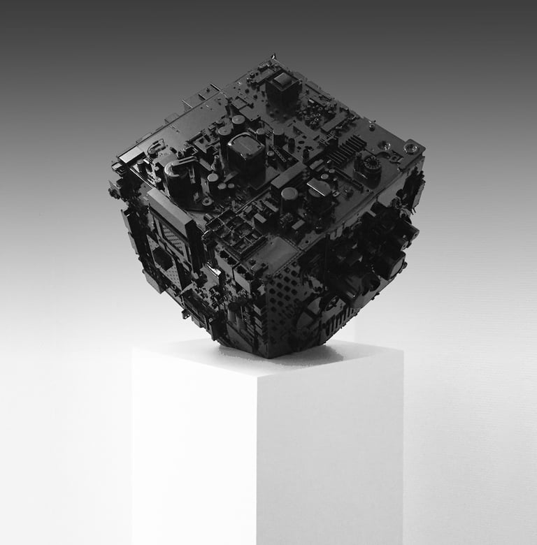 Sculpture Devil's Dice noire monochrome, circuit électronique, socle blanc