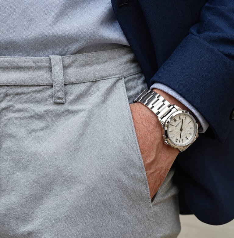 Detail shot of high-quality fabric texture and a silver watch on a man's wrist, sharp focus, elegant and professional lighting, aesthetic palette of light gray and dark blue.