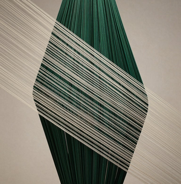 A vertical photograph of a sculpture piece where thin silk threads are tensioned to create geometric patterns. The lighting is sophisticated, casting delicate linear shadows in deep forest green and off-white.