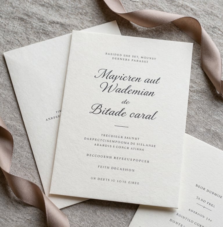 A professional flat-lay photograph of high-end wedding stationery. The invitations are made of thick off-white paper with dark charcoal typography, resting on a warm grey linen surface. Elements like a muted taupe silk ribbon are included. North American / European style.