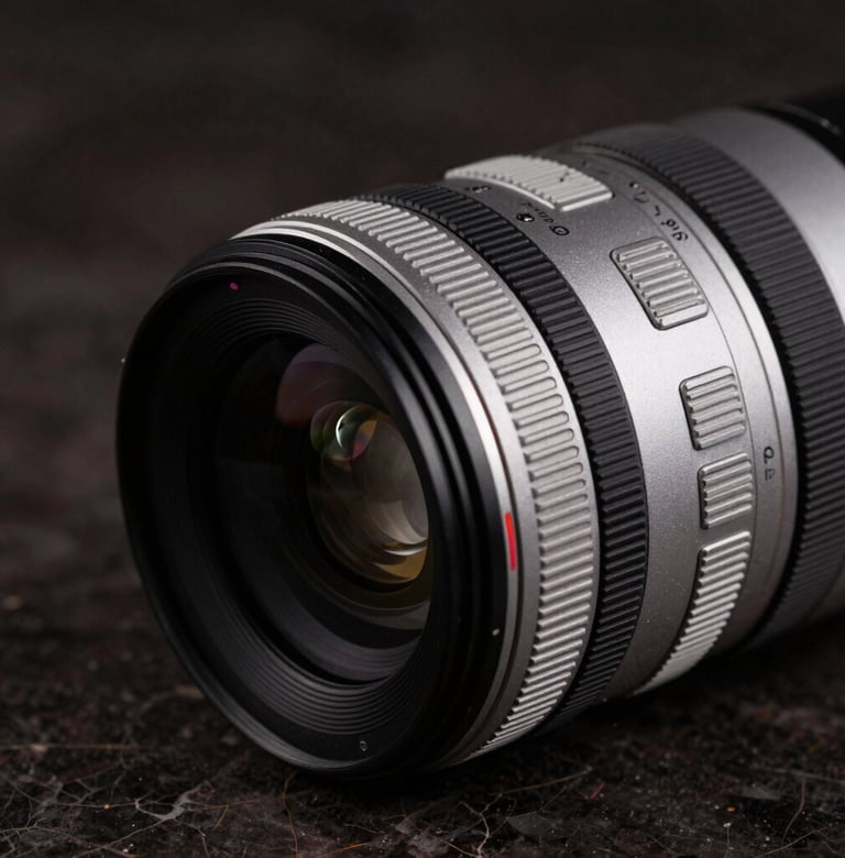 A detailed close-up of a modern camera lens sitting on a dark marble surface. The lighting is low-key and dramatic, picking up the silver and black metallic textures. International / Professional aesthetic.
