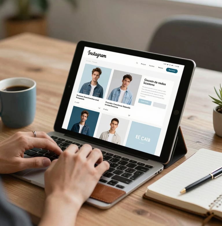 Primer plano cenital de una mesa de trabajo en la agencia. Un iPad muestra una cuadr3cula de Instagram con fotos de modelos, junto a un caf3 y una agenda de cuero. Estilo acogedor y profesional de gesti3n de redes sociales. Paleta #ECF3F4 y #1A5E63.