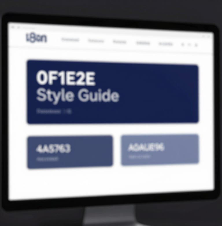 A digital screen showing a brand style guide. The interface is clean and strategic, displaying a color palette of #0F1E2E, #4A5763, and #A0A696. The mood is sophisticated and educational, highlighting meticulous attention to detail.