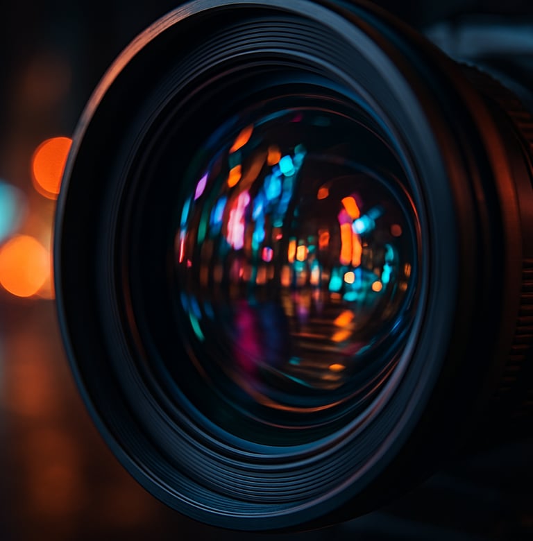 Extreme close-up of a professional cinema lens reflecting the vibrant neon lights of a North American city street at night, sharp focus on the glass elements.