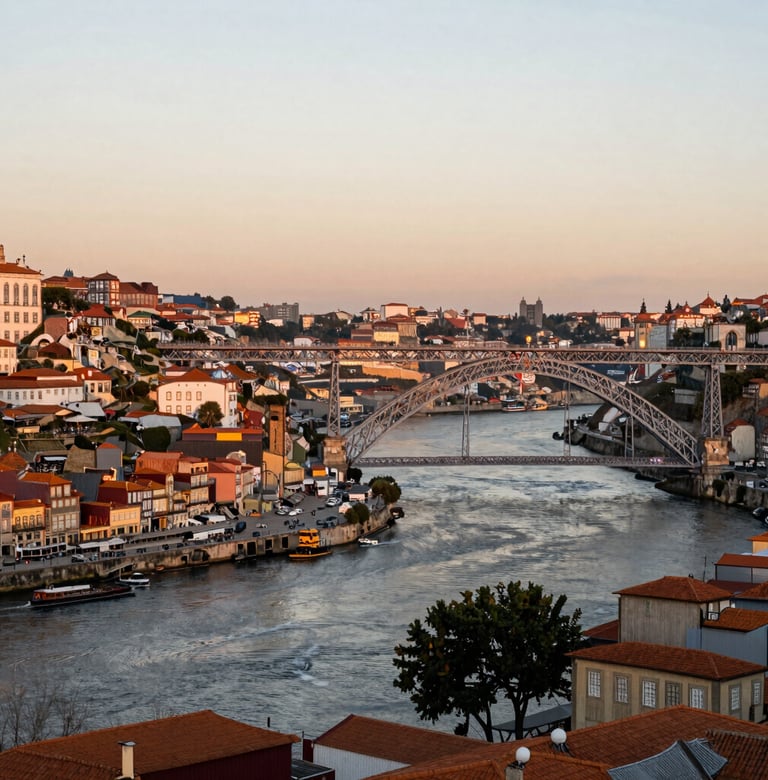 Warm editorial photography of historic Porto architecture along the Douro river, soft overcast European daylight, deep forest green tones, 35mm