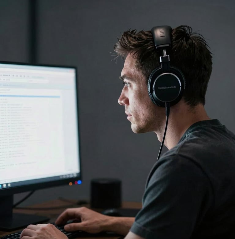 A side profile of a focused film director wearing professional headphones, looking at a brightly lit monitor in a moody, dark grey studio environment. Global / Western.