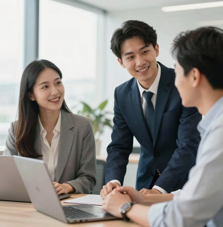 Candid professional interaction between a recruiter and a candidate in a bright, modern office setting, natural daylight, 35mm lens, focus on faces and genuine conversation.