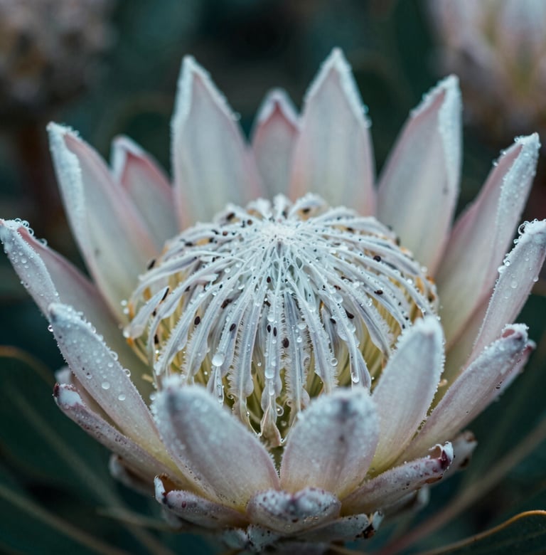 Macro photography of a King Protea flower in a South African botanical garden, intricate details of the petals, morning dew, Soft White and Pale Aqua tones.