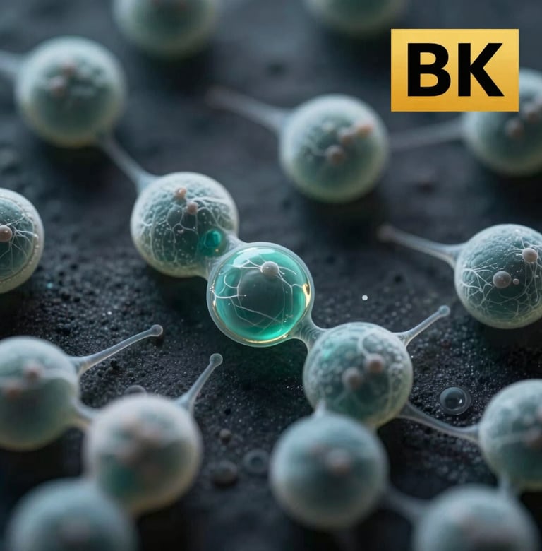 Microscopic footage of organic cells reacting to sound. The cells appear like milky glass spheres against a dark charcoal background. Cinematic lighting catches the edges of the membranes in deep teal, suggesting a lab-controlled investigation environment.