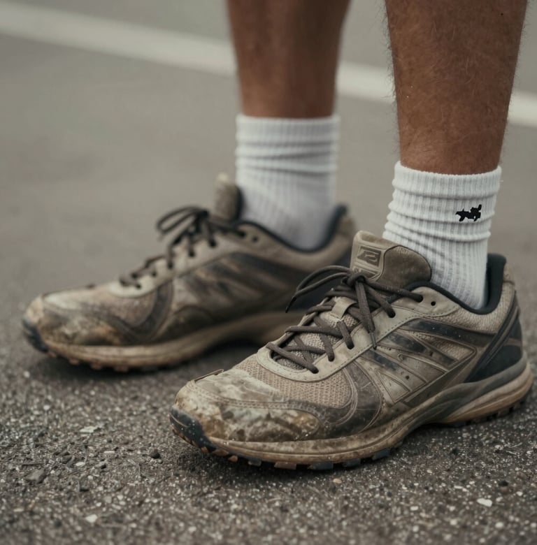 A storytelling detail shot: a close-up of worn-out sports shoes on the sidelines, telling the story of hard work. Soft lighting, moody and professional, using #403B3B and #8C847E palette.