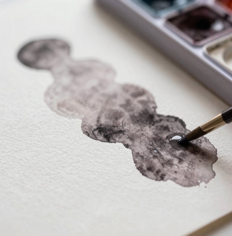 Close-up detail of watercolor pigments bleeding into textured white paper, capturing the professional craftsmanship of the liquid medium with touches of #6F5E52.